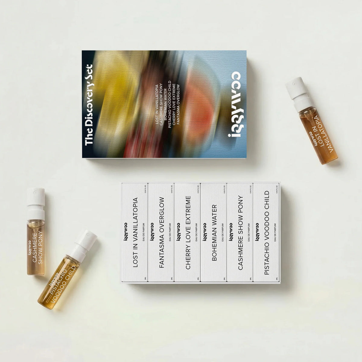 Iggywoo fragrance discovery set in individual white boxes and loose sample vials on a light background.