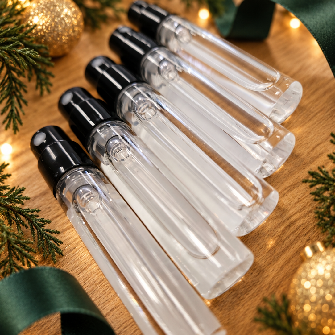 Five clear perfume sample vials with black atomizers arranged diagonally on a wooden surface, decorated with green ribbons, pine branches, and warm holiday lights.